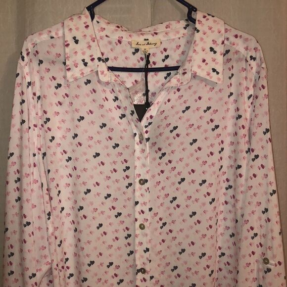 J&D XL Romantic Heart Print White Pink Gray High Low Blouse - Picture 3 of 12